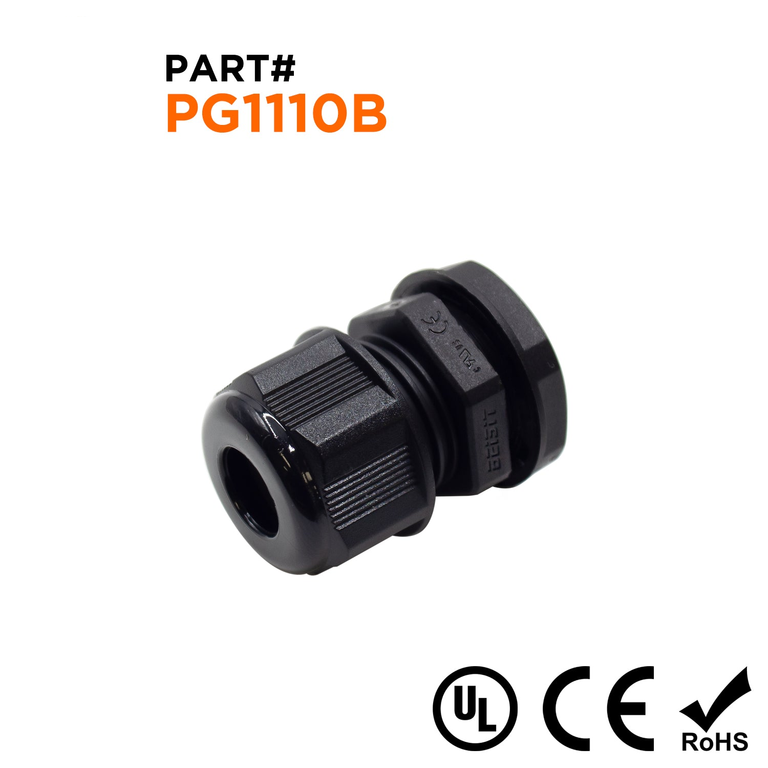 P1110B - PG11 Thread Nylon Cable Gland, Black, Range: 3/16" to 3/8", UL Listed, IP68, IP69K - 1 Piece