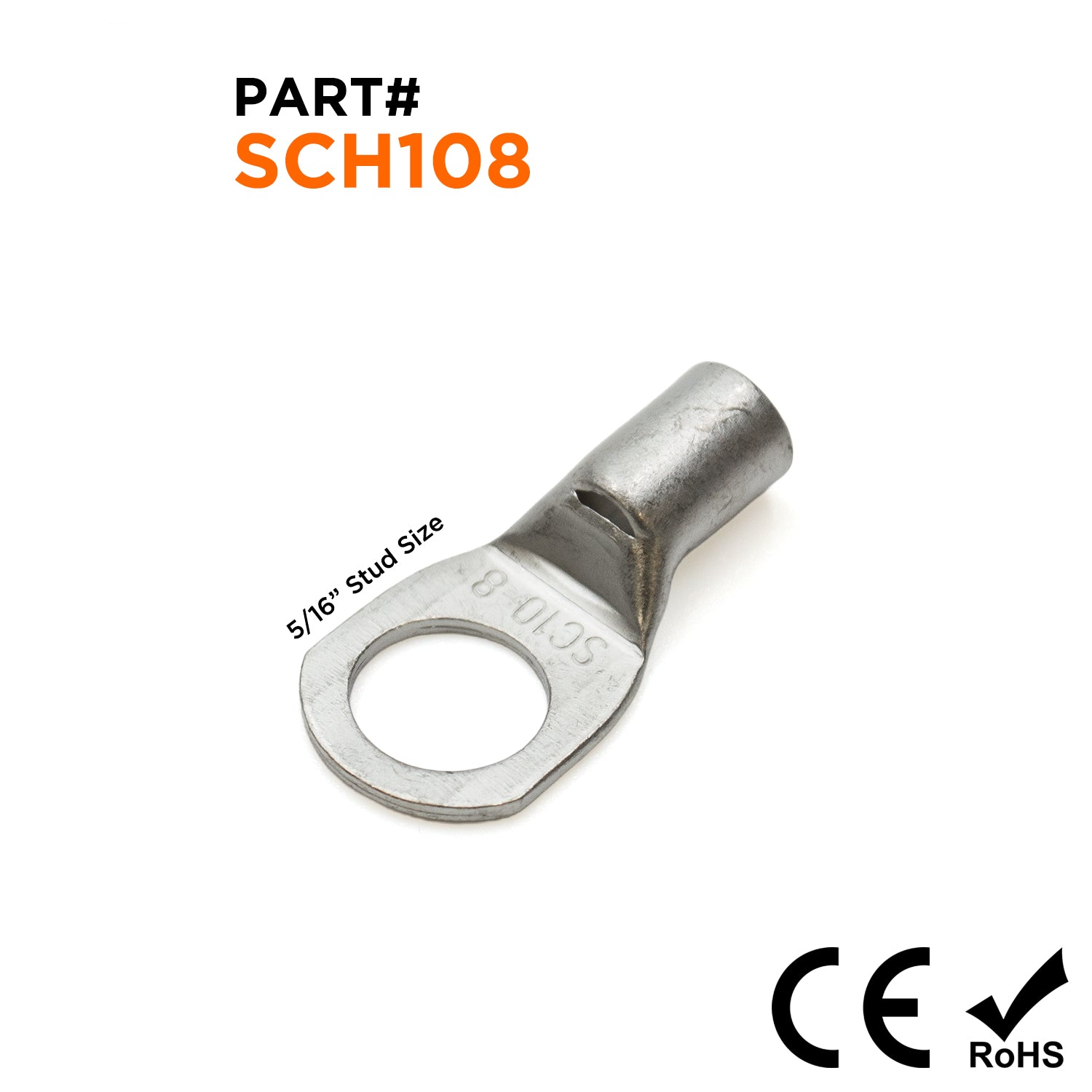 SCH108 - 8 AWG Non Insulated Tubular Ring Lugs, 5/16" Stud, 50 Pieces