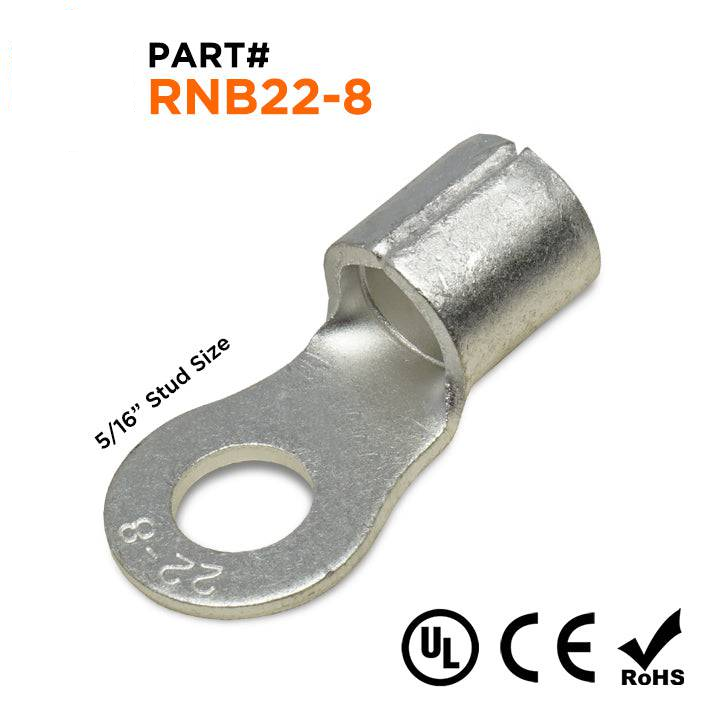 RNB22-8 - 4 AWG Non Insulated Ring Terminals, 5/16" Stud, UL Recognized, 25 Pieces