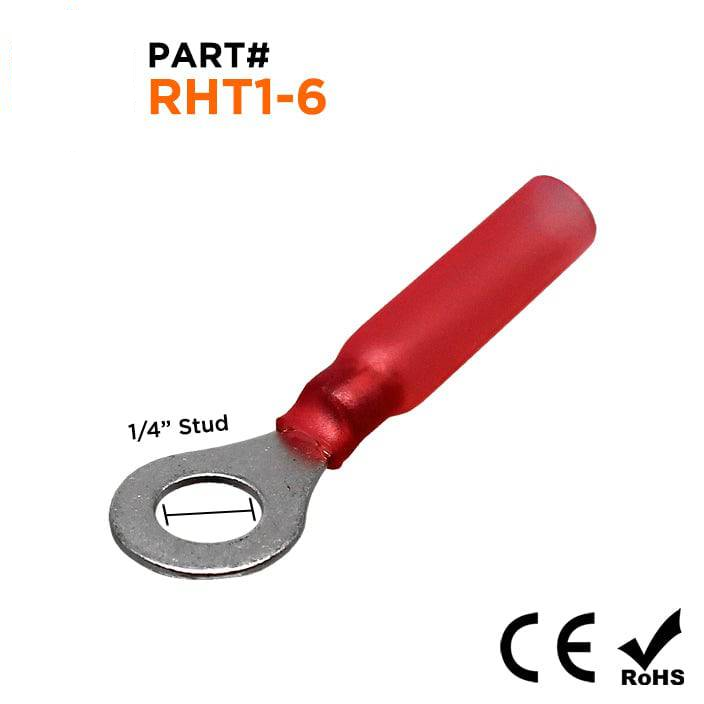 22 to 16 AWG Heat Shrink Ring Terminals, 1/4" Stud, Polyethylene, 25 Pieces - RHT1-6