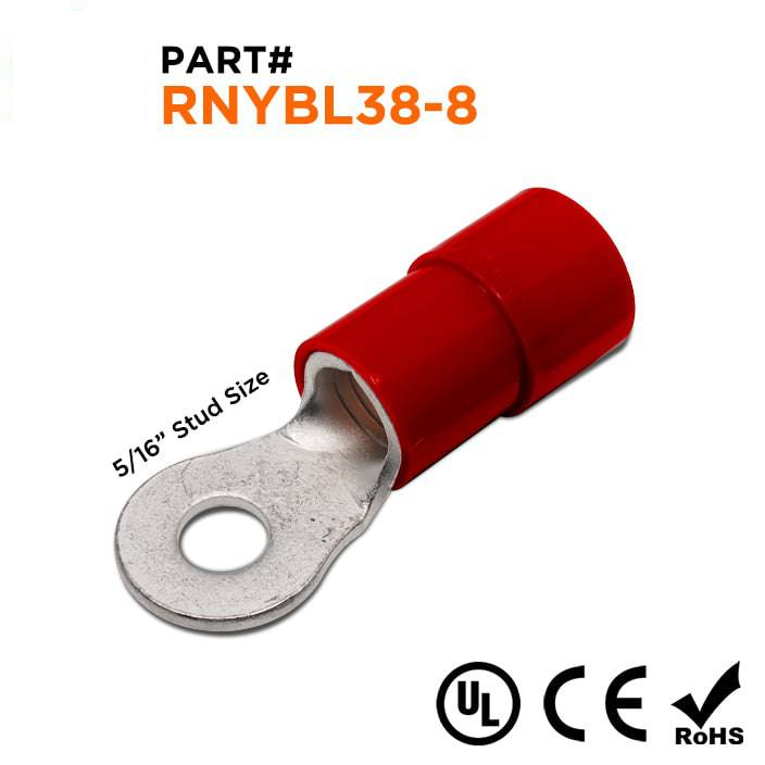 RNYBL38-8 - 2 AWG Nylon Insulated Ring Terminals, 5/16" Stud, Red, 10 Pieces