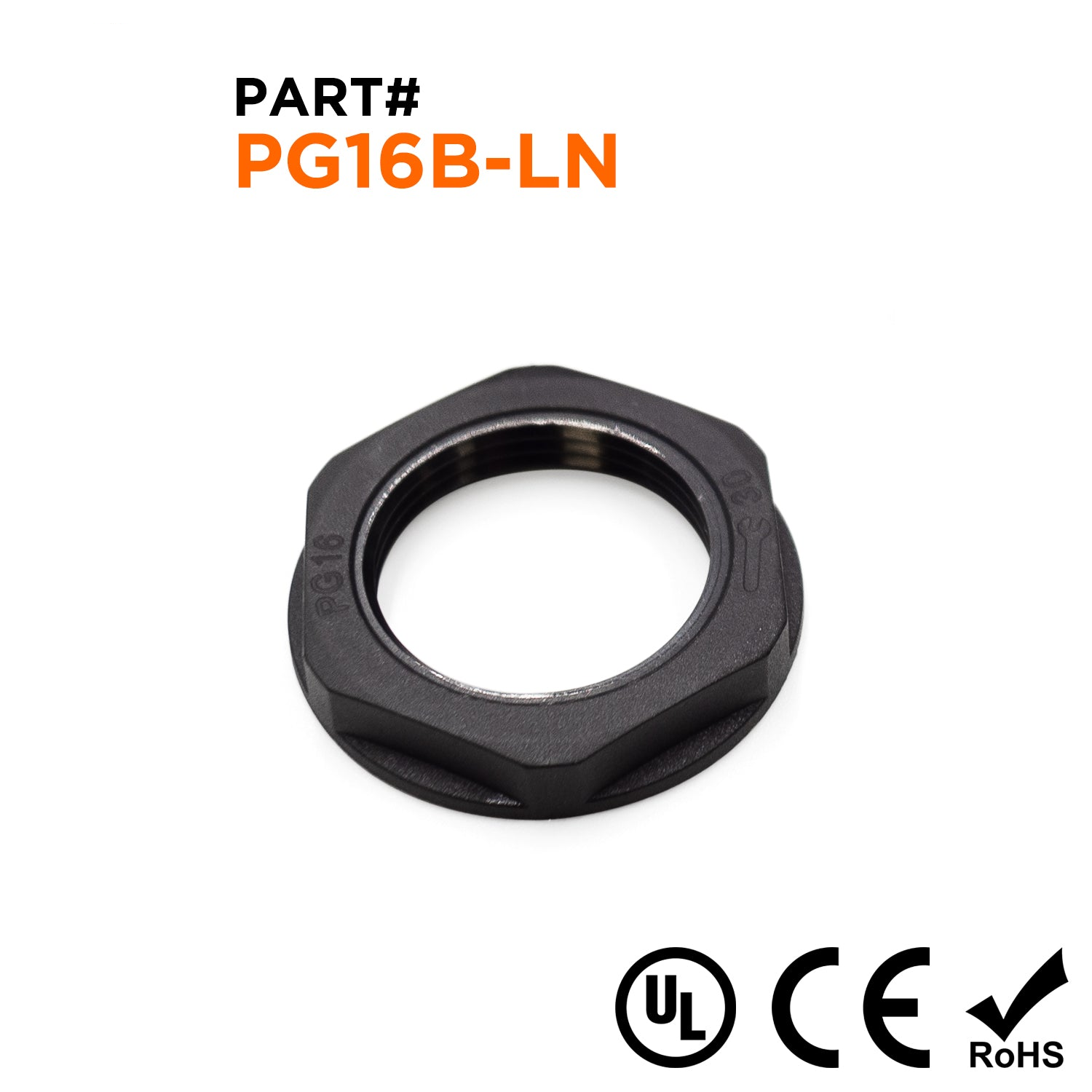 PG16 Thread Nylon Lock Nut for PG Cable Glands, Black, UL Approved, 1 Piece - PG16B-LN