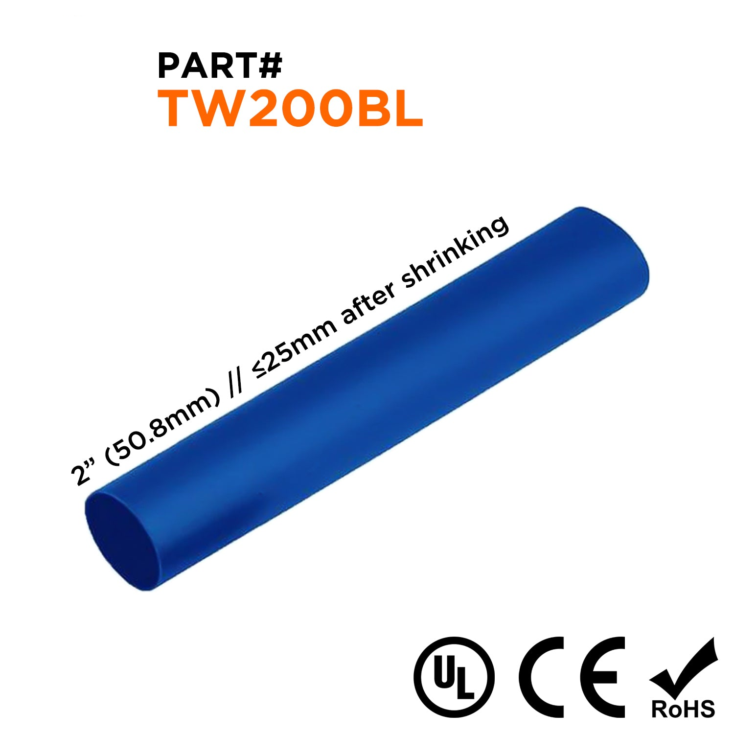 TW200BL - 2" Thin Wall Heat Shrink Tubing, 2:1 Shrink Ratio, Blue, Spool of 164ft