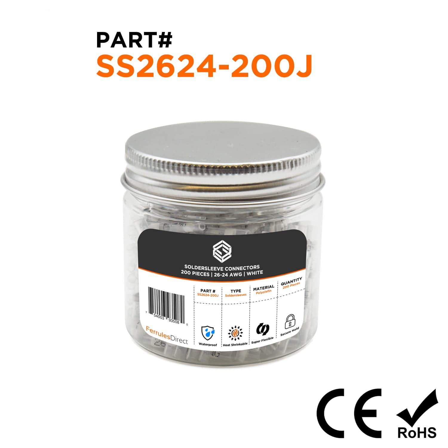 SS2624-200J - 26 to 24 AWG Heat Shrink Solder Sleeves, White, 200pcs