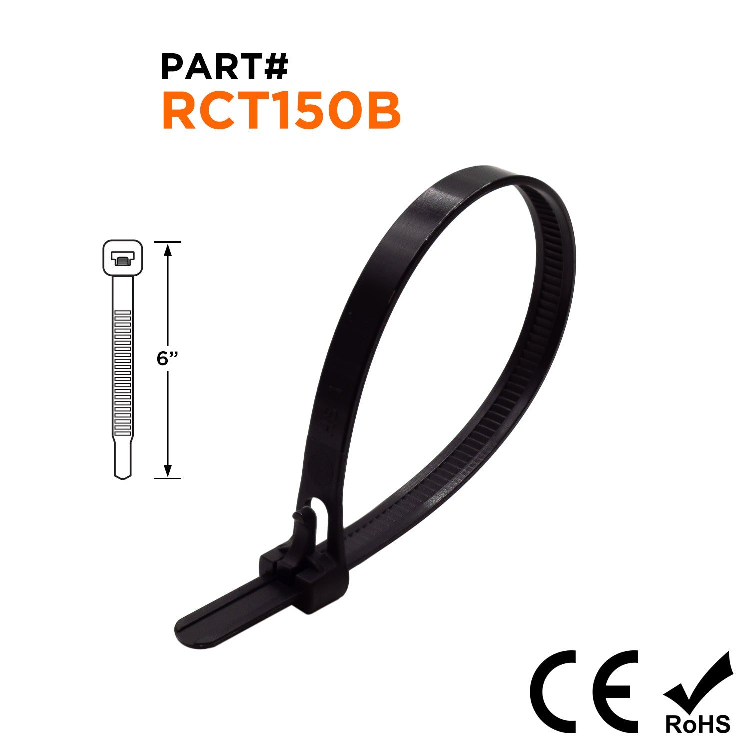 RCT150B - 6" Reusable Cable Ties, 50-lb Tensile, Trigger Release, Black, UV Resistant, UL Recognized, 100-Pack