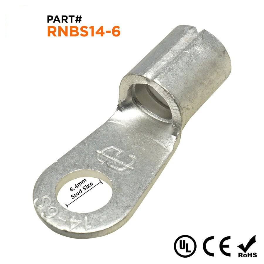RNBS14-6 - 6 AWG Non Insulated Ring Terminals, 1/4" Stud, UL Recognized, 25 Pieces