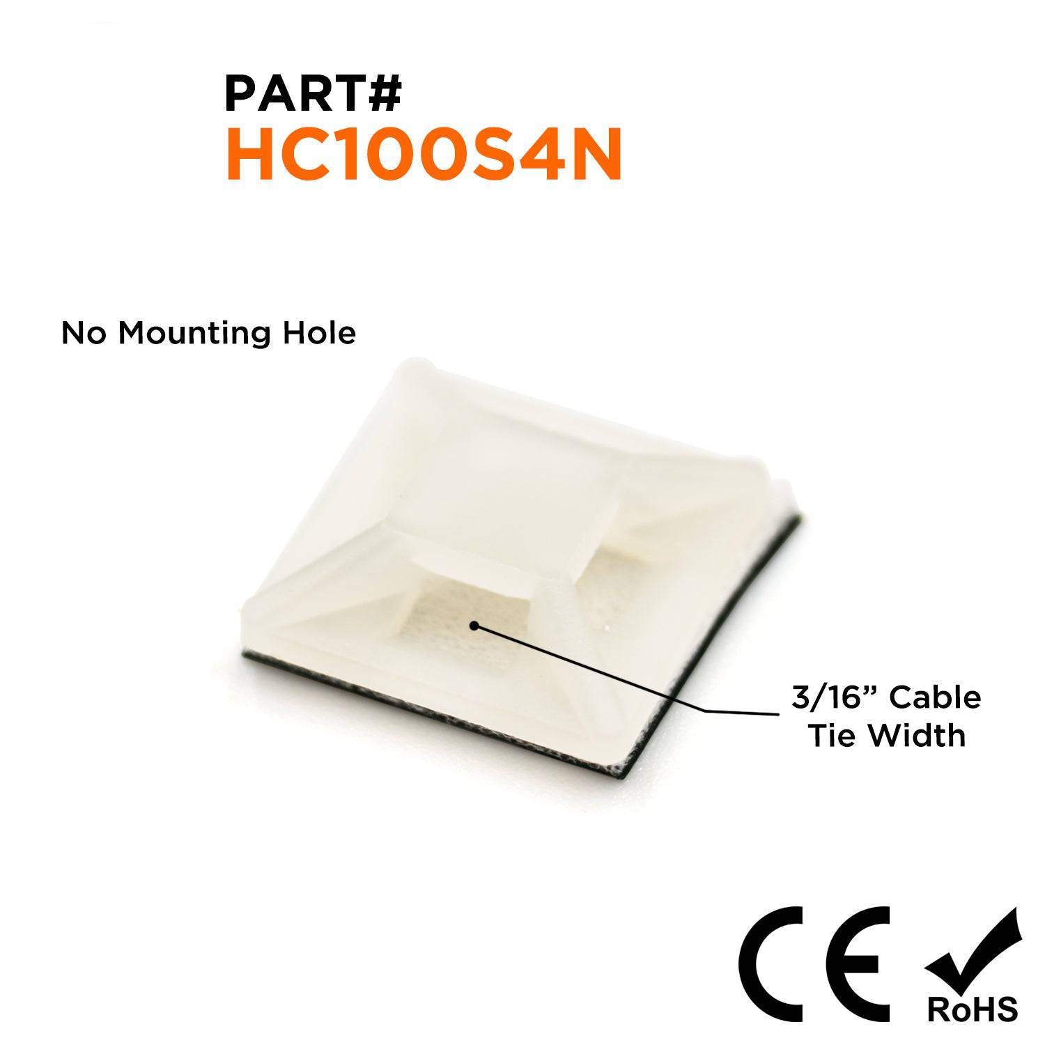 HC100S4N - 1/2"L x 1/2"W De nailon Self-Adhesive Tie Mounts - Cable Tie Width: 3/16", Natural, 100 piezas