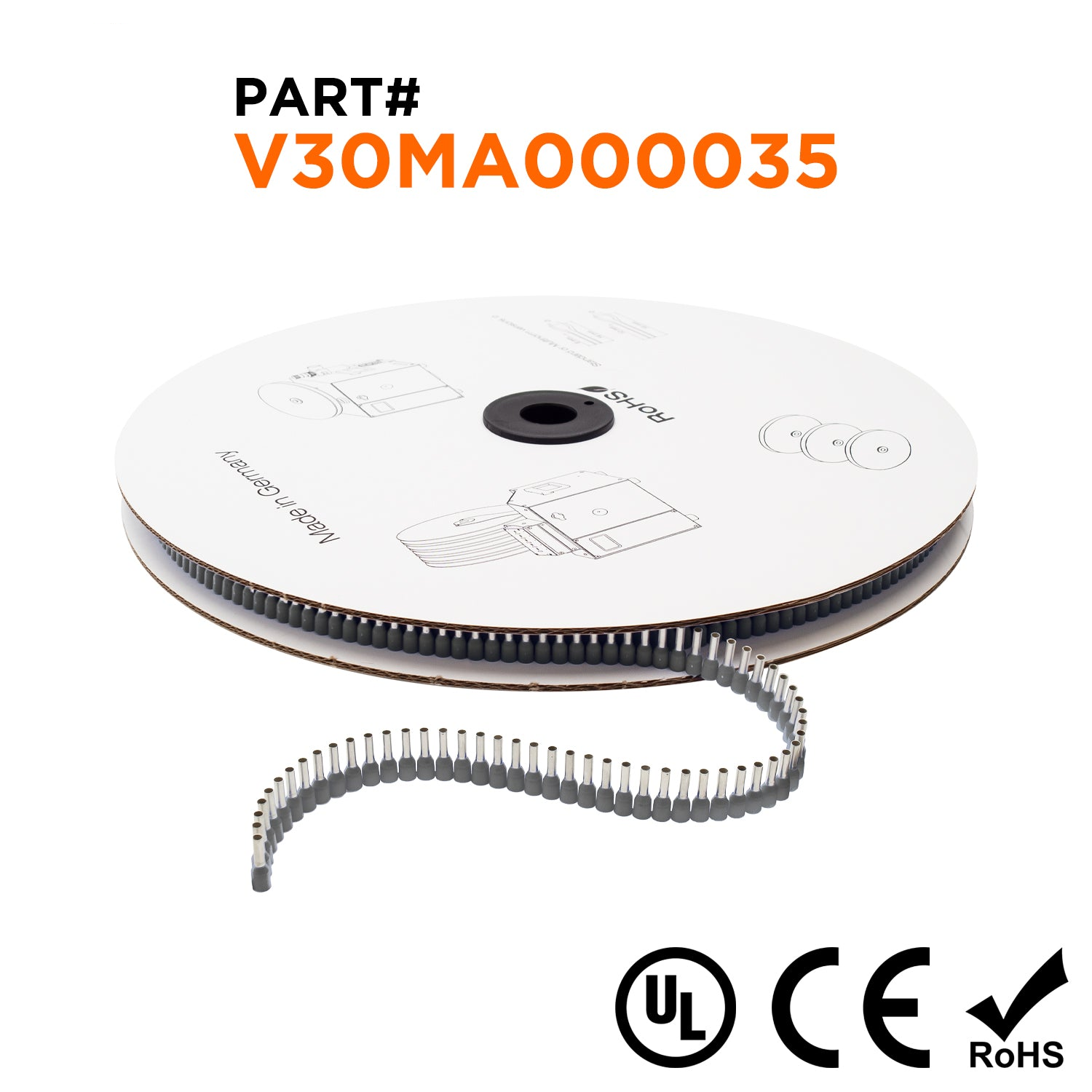 Z+F V30MA000035 - 20 & 18 AWG Insulated Punteras, 8mm Pin, Gris, 5000 piezas Reel/Spool