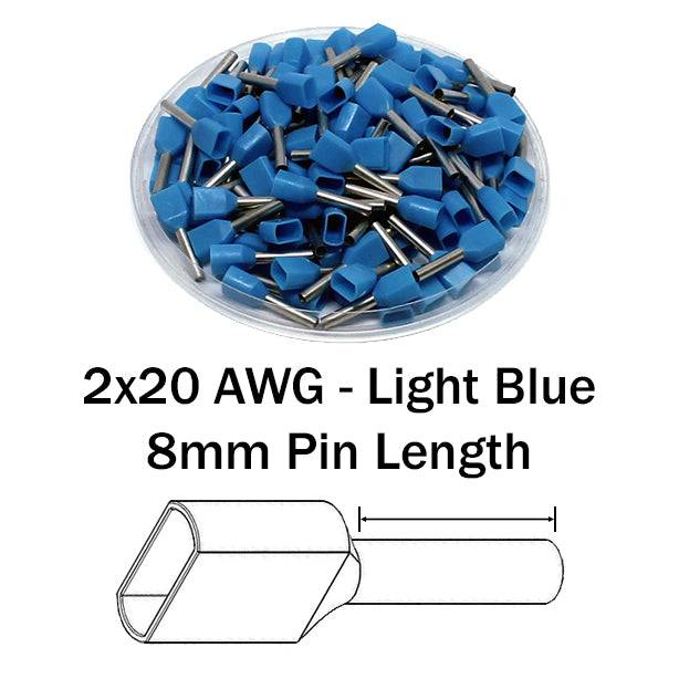 TT07508 - 20 AWG Twin Punteras, 8mm Pin, Azul claro, 500 piezas