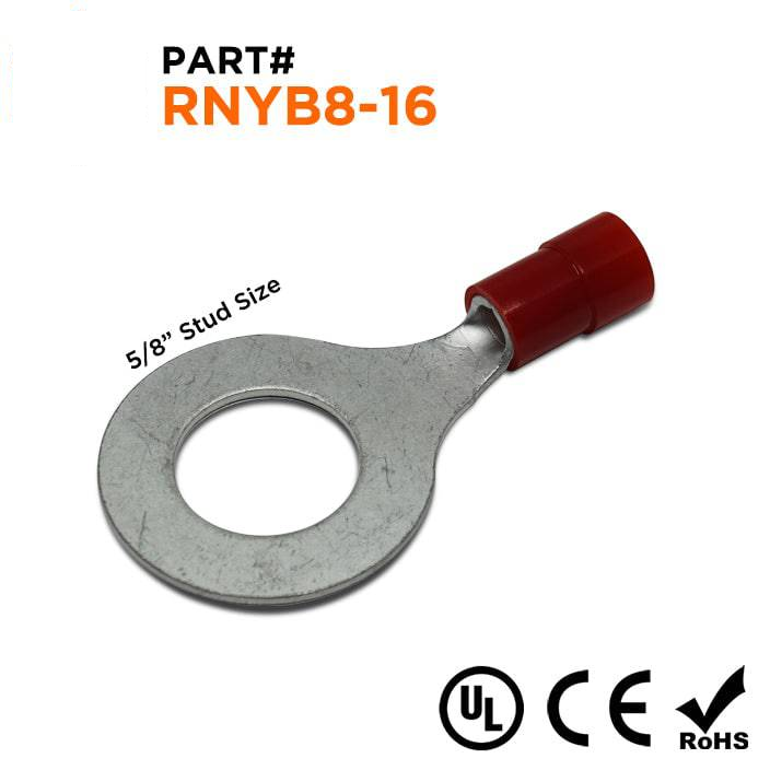 RNYB8-16 - 8 AWG Nylon Insulated Ring Terminals, 5/8" Stud, 10 Pieces
