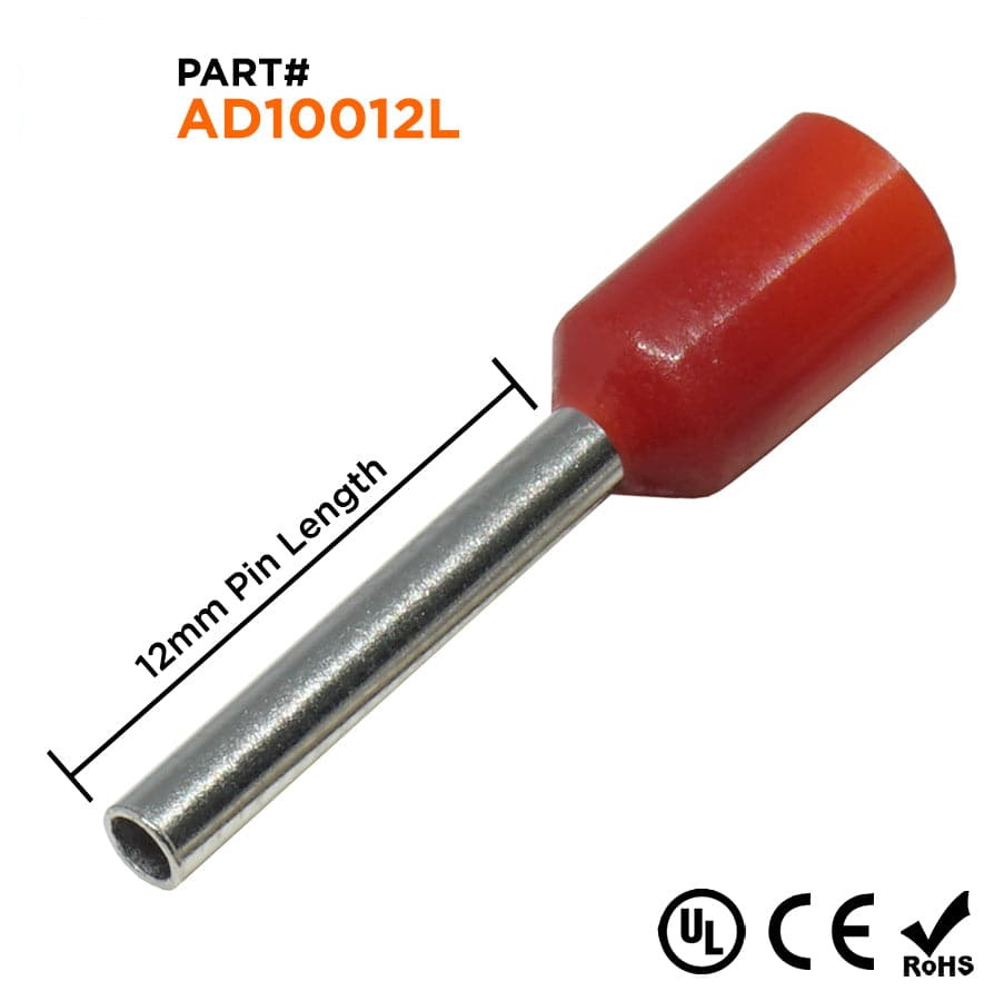 AD10012L - 18 & 17 AWG Insulated Punteras, 12mm Pin, Rojo, Ancho Collar, UL Recognized, 500 piezas