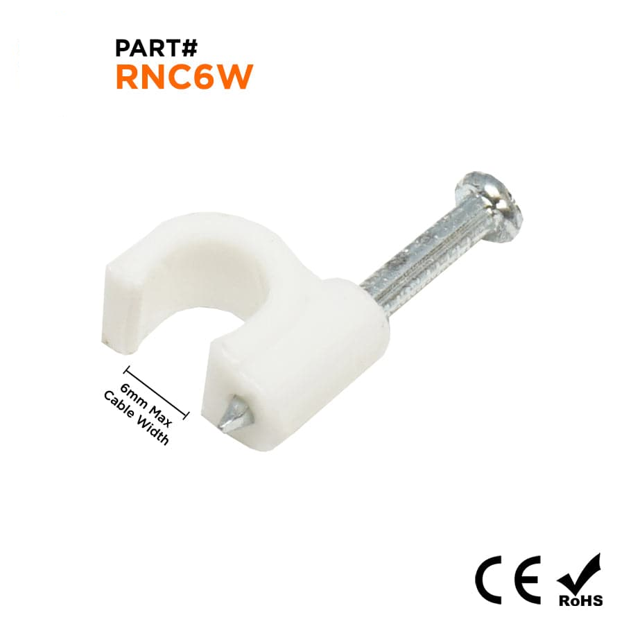 RNC6W - 1/4" Nail In Cable Grapas, Ethernet Cable Nails Tacks, Round, Blanco, 100 piezas