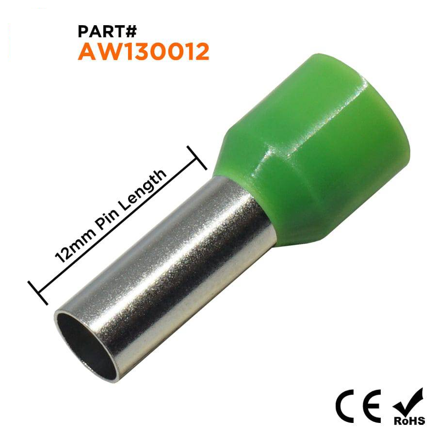 AW130012 - 6 AWG (Small Diameter) Insulated Wire Ferrules, 12mm Pin, Green, 100 Pieces
