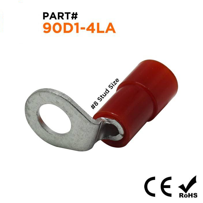 90D1-4LA - 22 a 16 AWG Right Angle Con aislamiento de nailon Terminales de anillo, #8 Orificio, 100 piezas