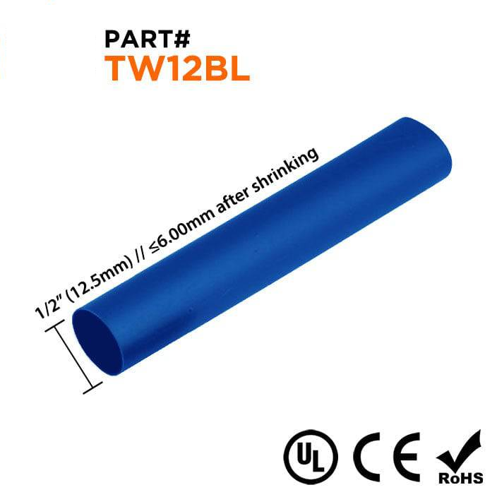 TW12BL - 1/2" De pared fina Tubo termorretráctil, 2:1 Relación de contracción, Azul, Bobina de 328ft