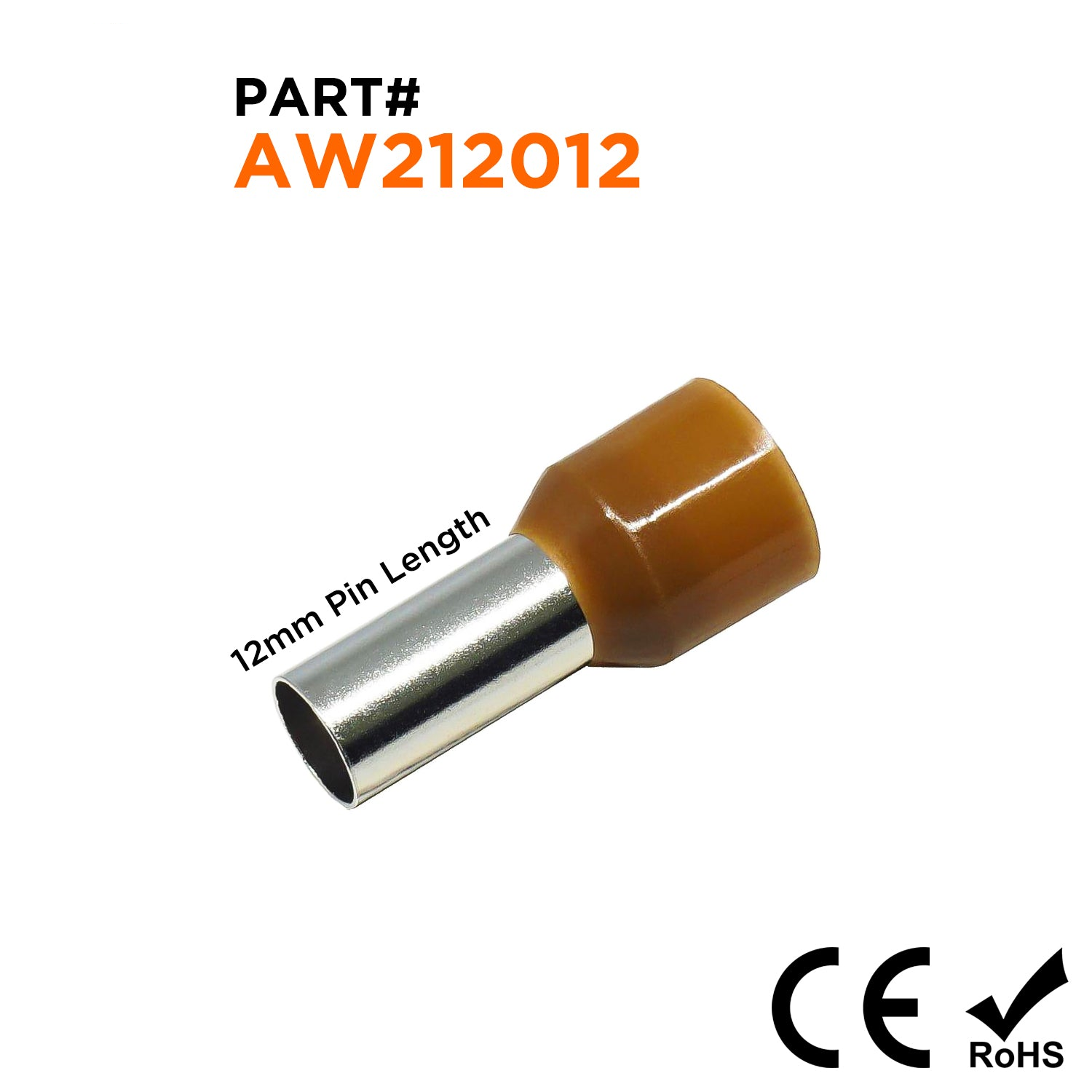 AW212012 - 4 AWG (Small Diameter) Insulated Wire Ferrules, 12mm Pin, Brown, 100 Pieces