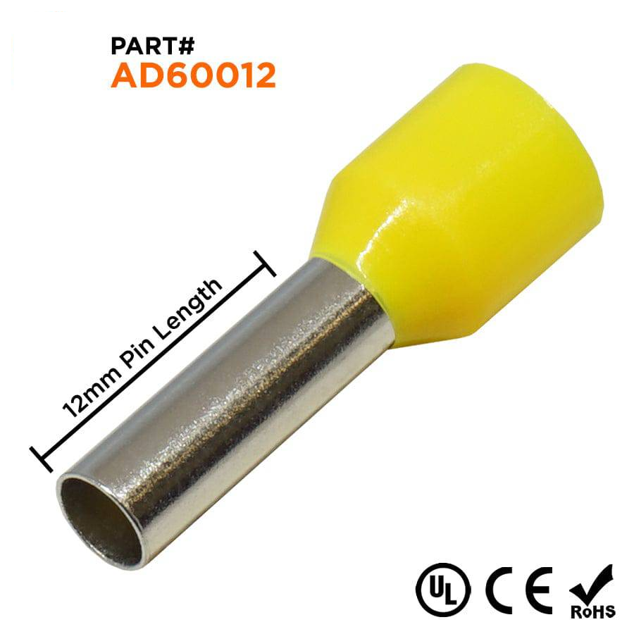 AD60012 - 10 AWG Insulated Wire Ferrules, 12mm Pin, Yellow, UL Recognized, 100 Pieces