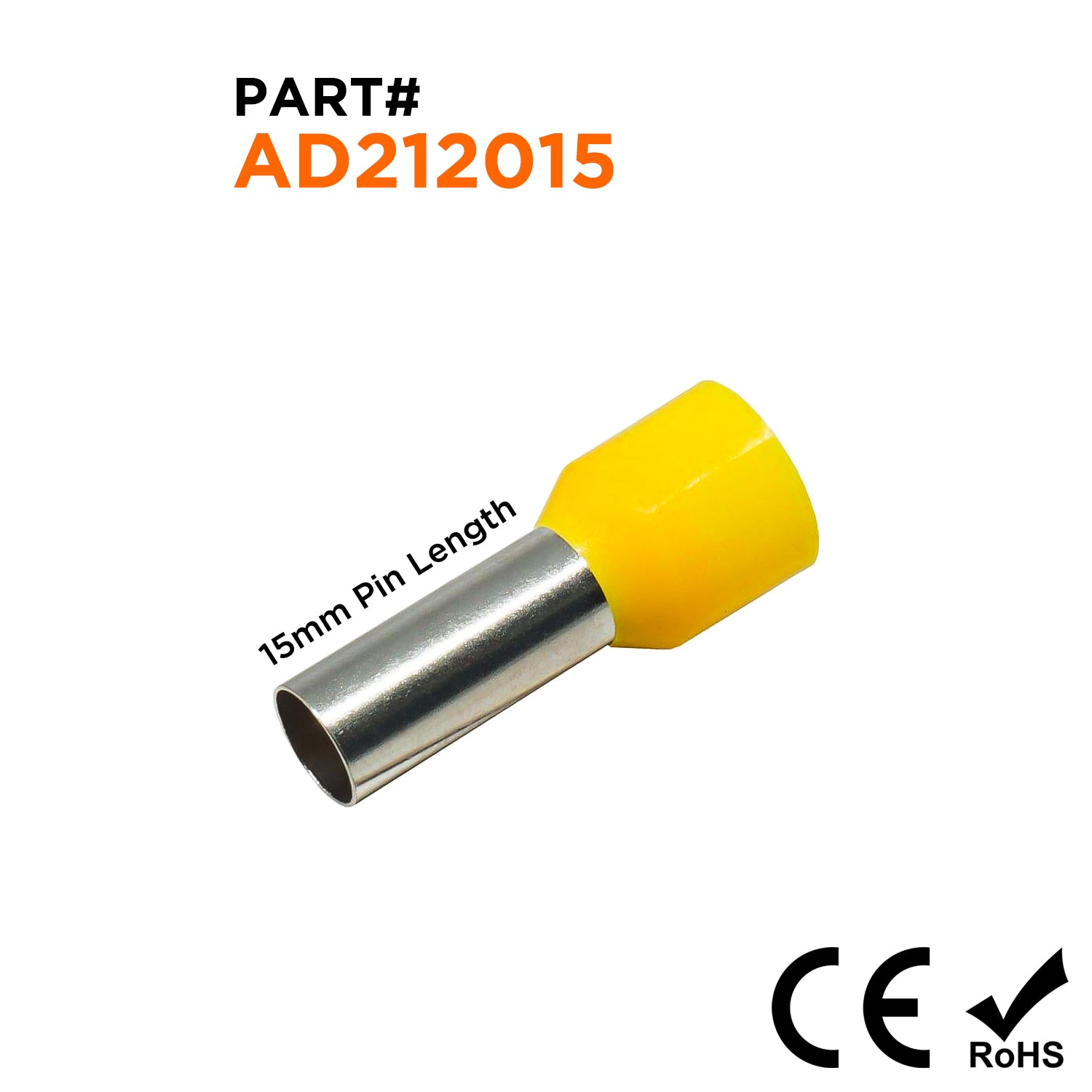 AD212015 - 4 AWG (Small Diameter) Insulated Punteras, 15mm Pin, Amarillo, 100 piezas