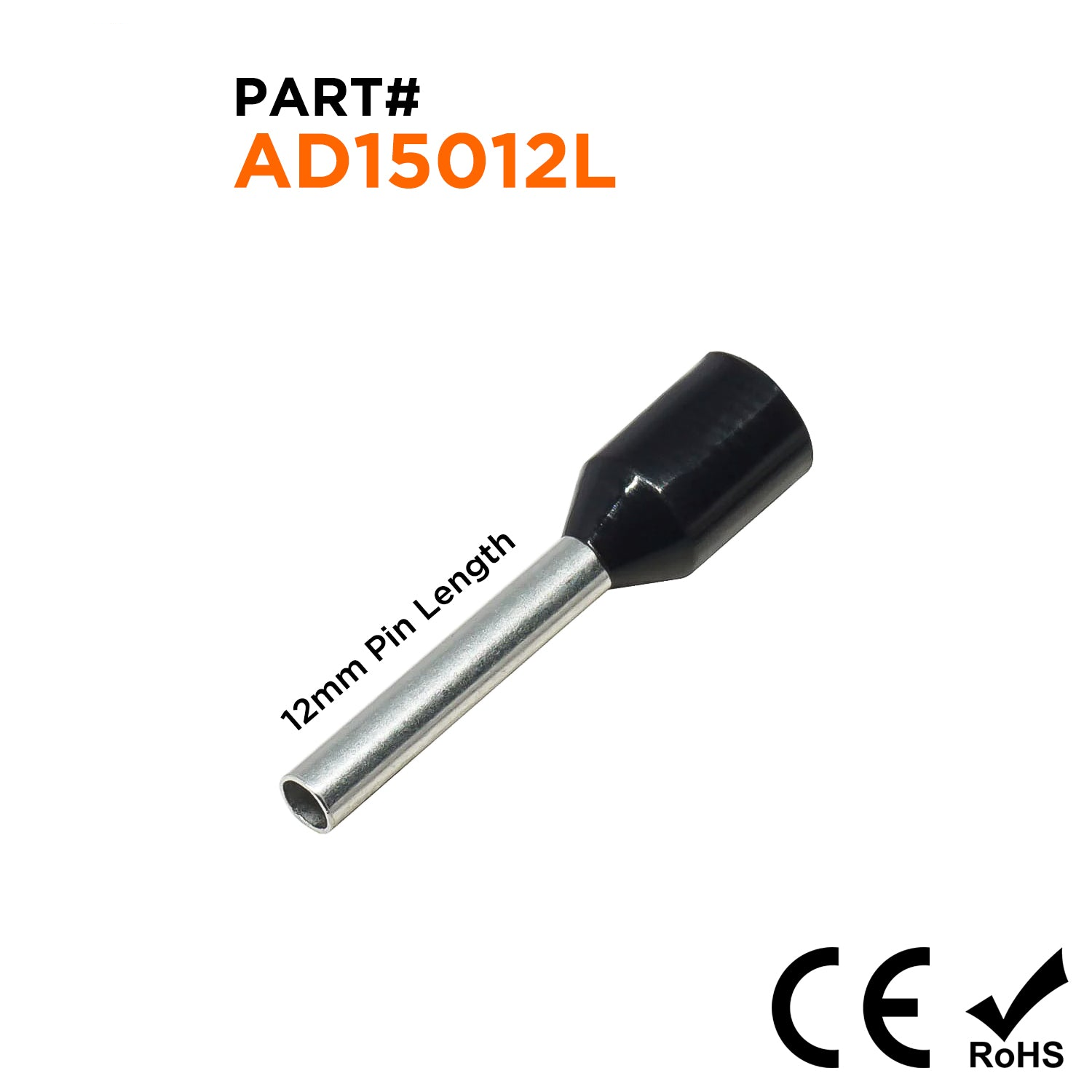 AD15012L - 16 AWG Insulated Punteras, 12mm Pin, Negro, Ancho Collar, 500 piezas