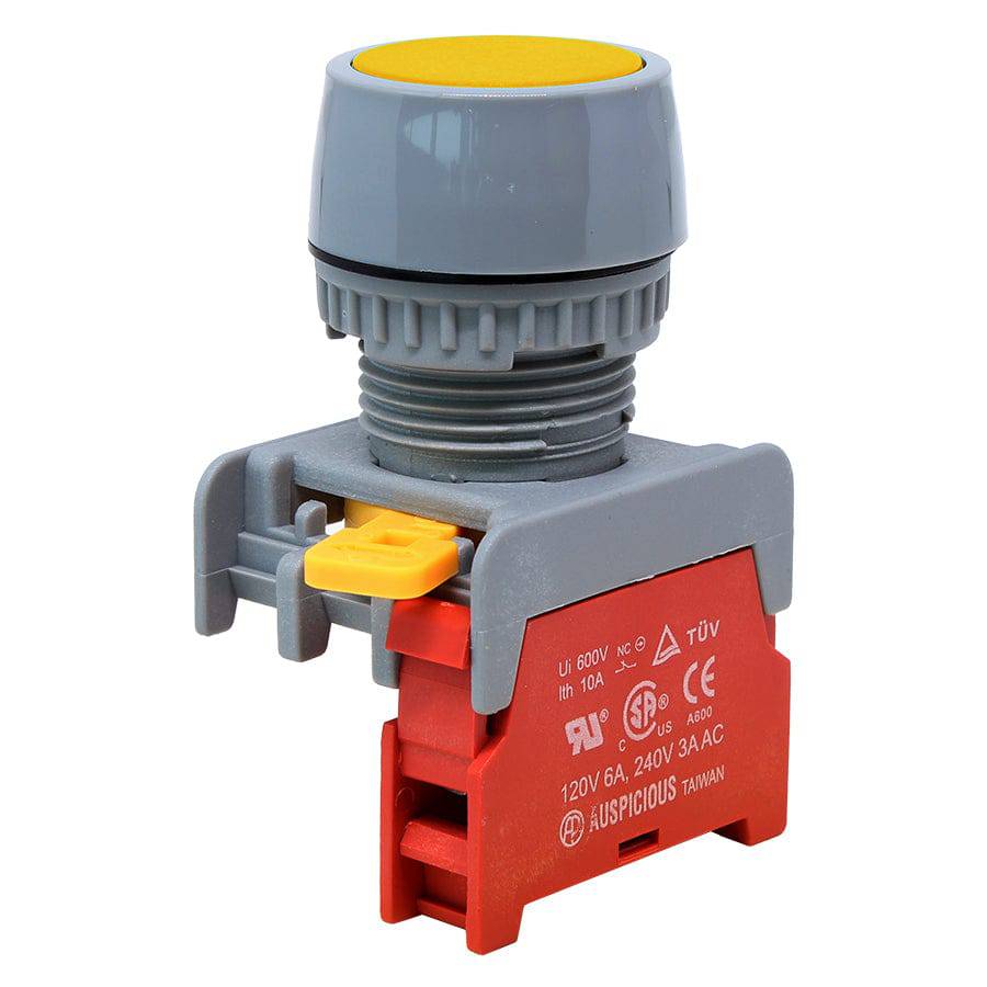 GBF22-1/C-YL - 1/C - 22mm Flat Head Push Button Switch - Amarillo