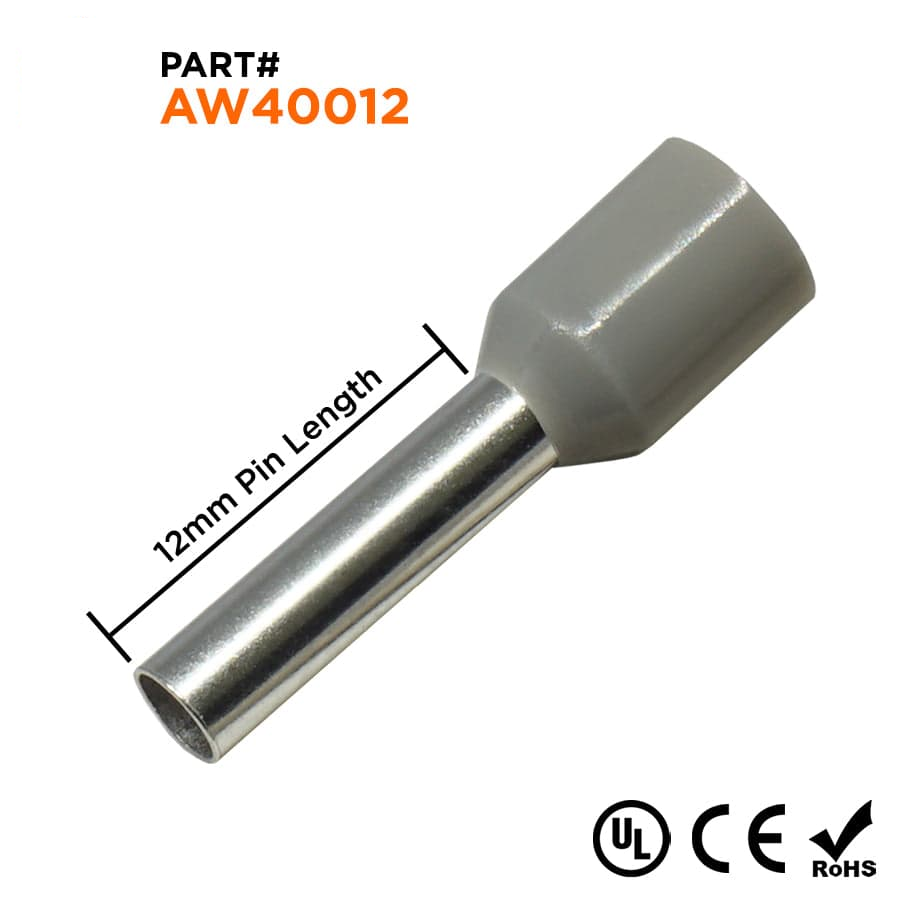 AW40012 - 12 AWG Insulated Punteras, 12mm Pin, Gris, UL Recognized, 500 piezas