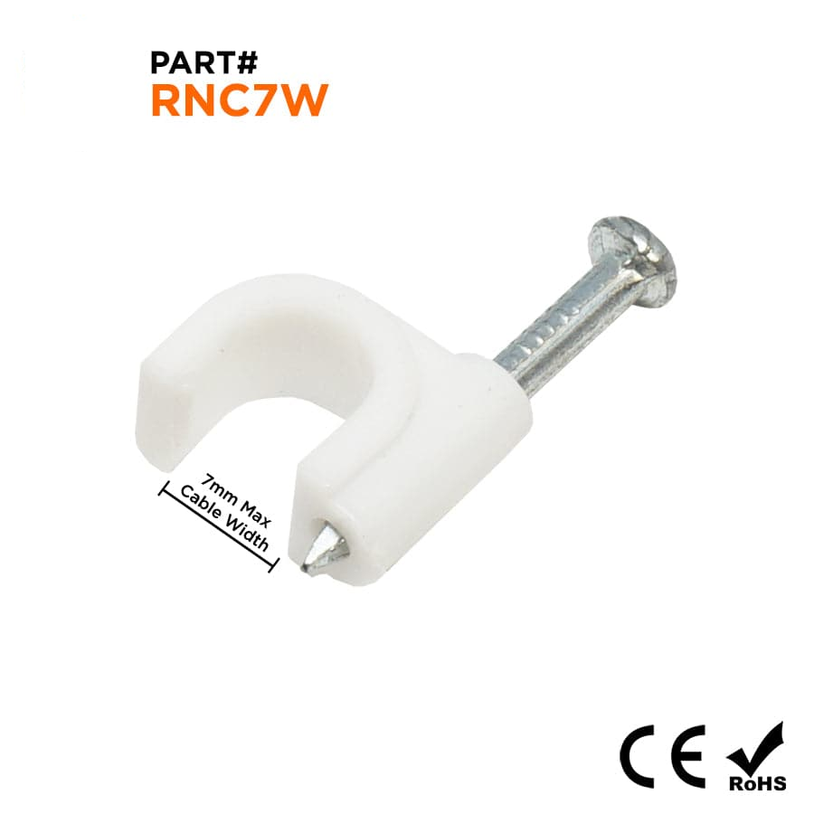 Nail In Cable Clips, Ethernet Cable Nails Tacks, Round, 7mm, 0.27", White, 100 Pieces - RNC7W