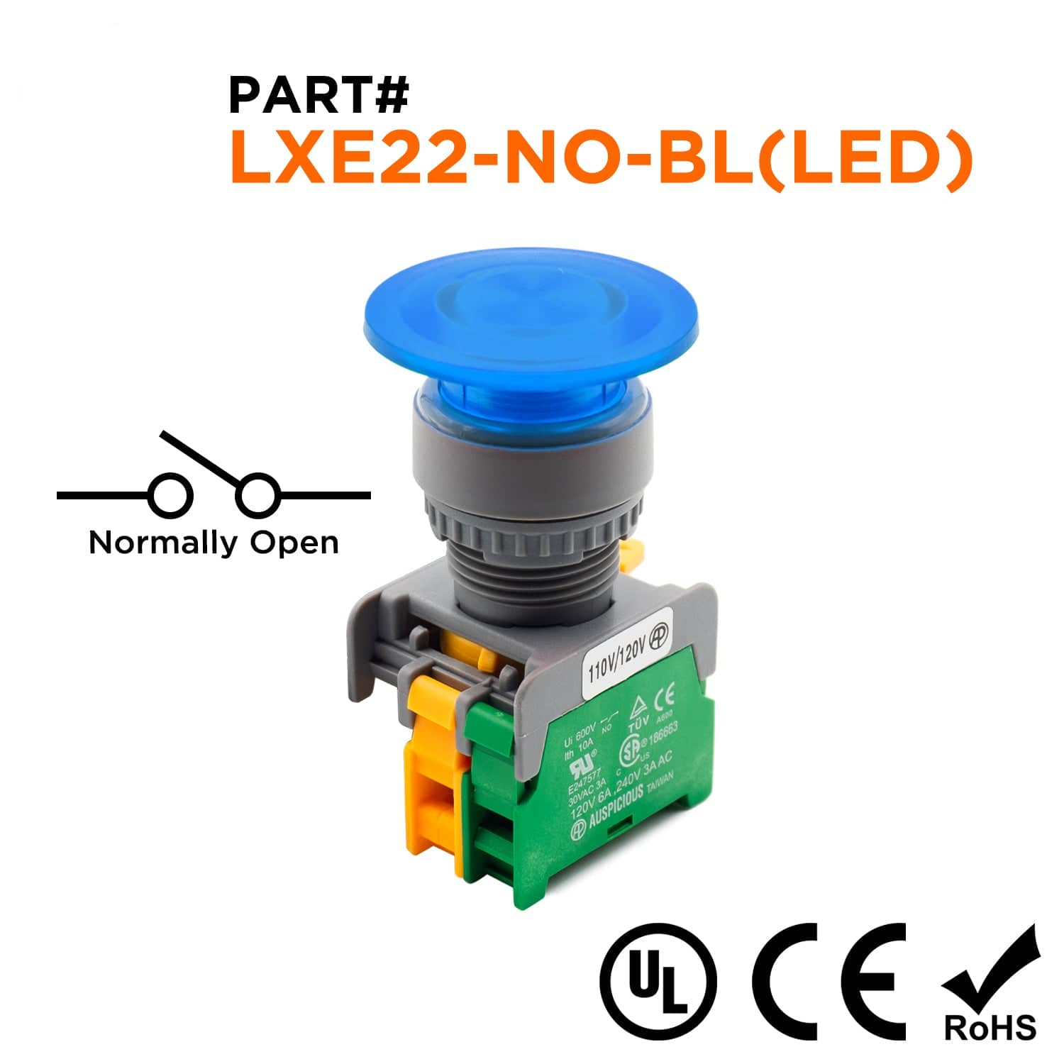 LXE22-NO-BL(LED) - 40mm Azul Illuminated Mushroom Head Push Button, LED, (NO), 1 pieza