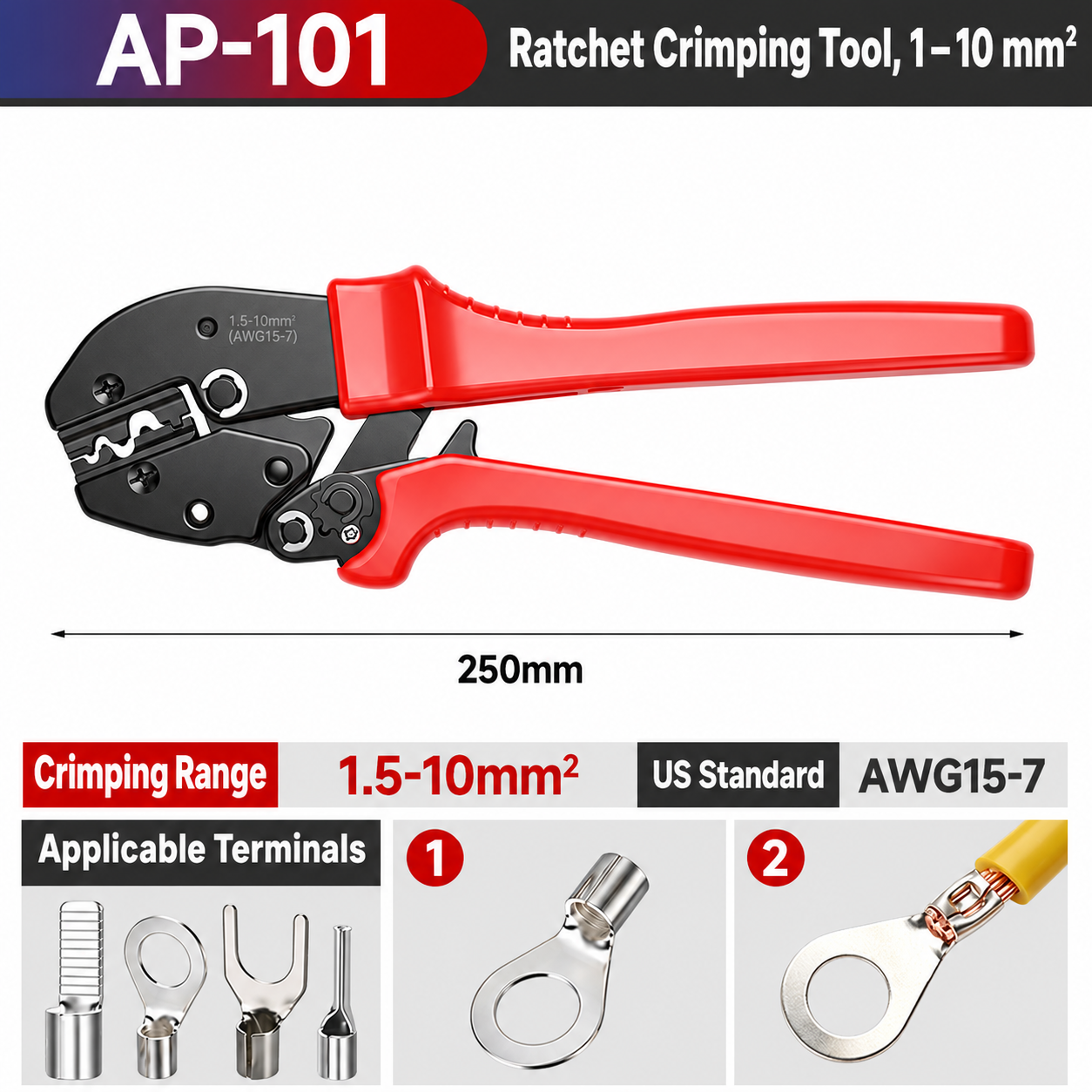 AP-101, crimpadora manual de carraca, 1–10 mm²