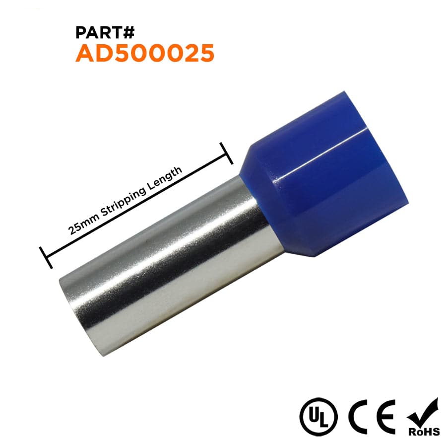 AD500025 - 1 AWG Single Insulated Wire Ferrules, 25mm Pin, Blue, UL Recognized, 50 Pieces