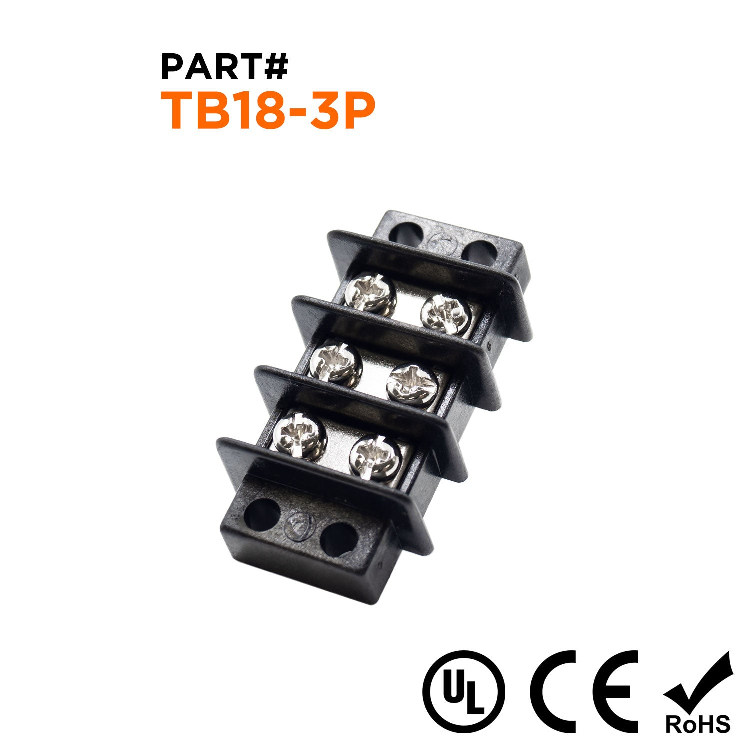TB18-3P - Barrier Strip Terminal Block, Terminal Strip, 3 Pole, Double Row, 20A, 300V, UL Approved, 1 Piece