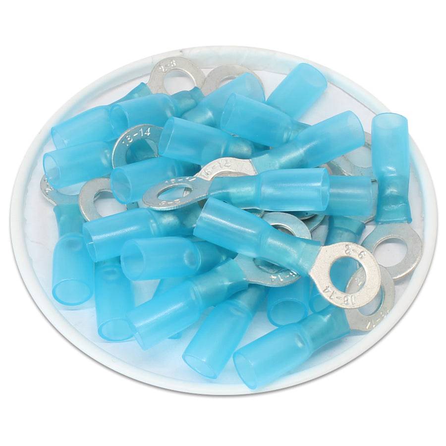 DSB14 - 16 to 14 AWG Heat Shrink Ring Terminals, 1/4" Stud, Polyolefin, 25 Pieces
