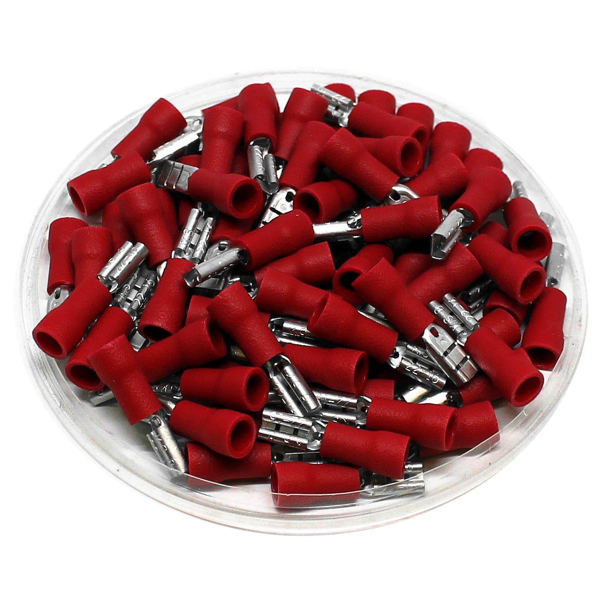 FDV1-110(8) - 22 to 16 AWG Vinyl PVC Insulated Quick Disconnects, Female, Red, Fully Insulated, 100 Pieces