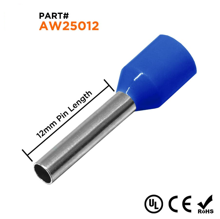 AW25012 - 14 AWG Insulated Wire Ferrules, 12mm Pin, Blue, UL Recognized, 500 Pieces