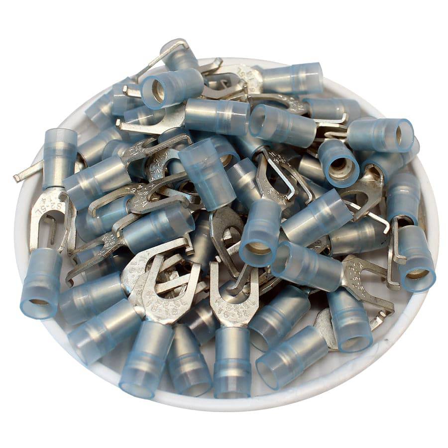 FSNYDL2-5 - 16 to 14 AWG Nylon Insulated Flange Spade Terminals, #10 Stud, Double Crimp, 100 Pieces
