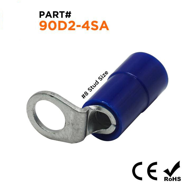 90D2-4SA - 16 a 14 AWG Right Angle Con aislamiento de nailon Terminales de anillo, #8 Orificio, 100 piezas