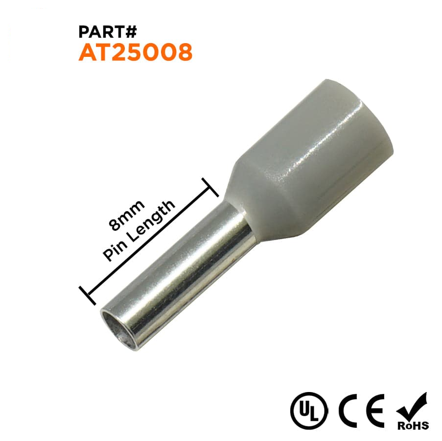 AT25008 - 14 AWG Insulated Punteras, 8mm Pin, Gris, UL Recognized, 500 piezas