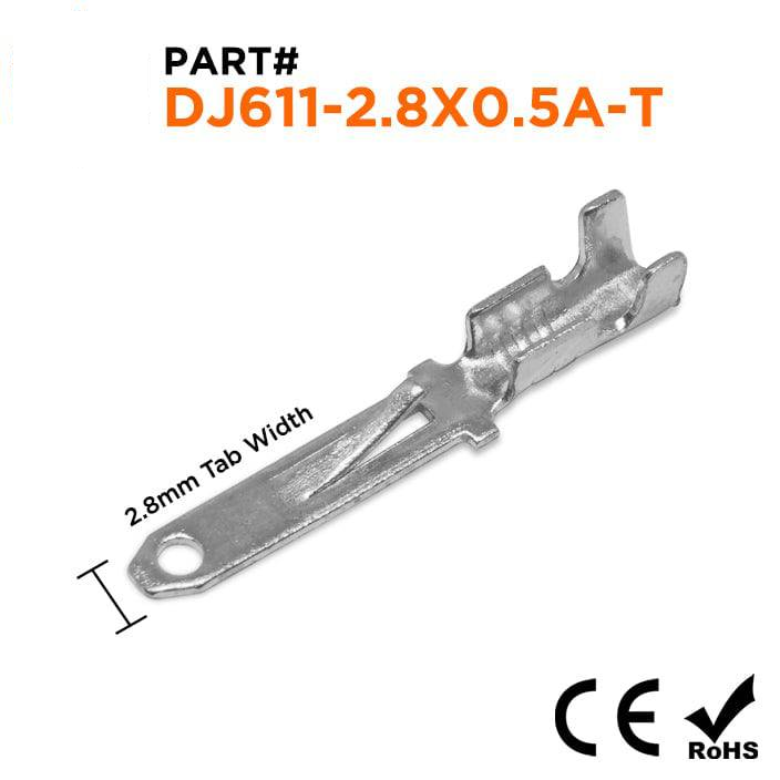 DJ611-2.8X0.5A-T - 22 to 16 AWG Male Quick Disconnects, 2.8mm NEMA Tab, Tin Plated Brass, 100 Pieces