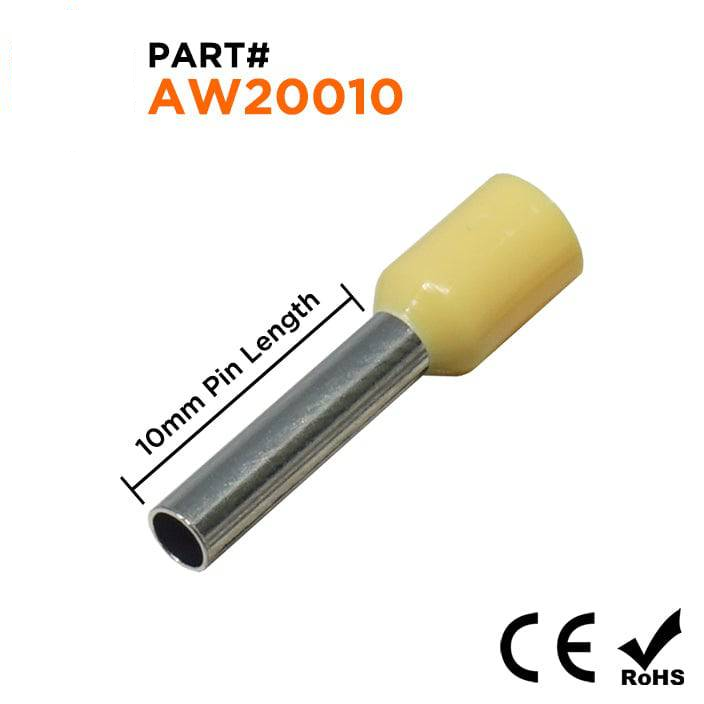 AW20010 - 14 AWG (Small Diameter) Insulated Punteras, 10mm Pin, Amarillo, 500 piezas