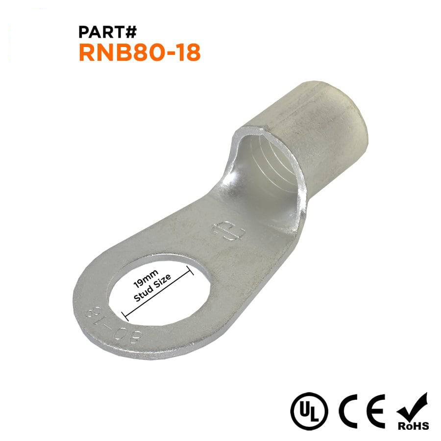 3/0 AWG Sin aislamiento Terminales de anillo, 11/16" Orificio, UL Approved, 10 piezas - RNB80-18