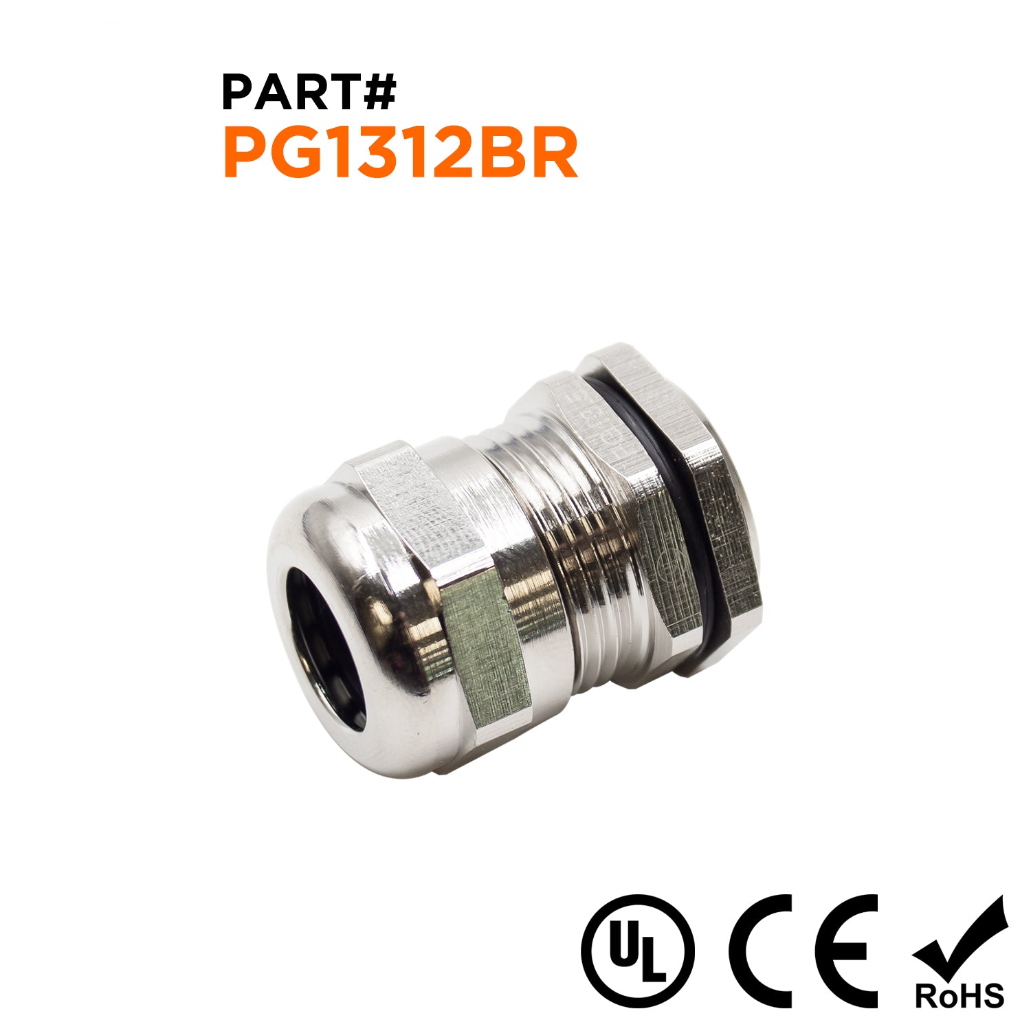 P1312BR - PG13.5 Rosca Plated Brass Prensaestopas, Rango: 1/4" a 1/2", UL Listed, IP68, IP69K - 1 pieza