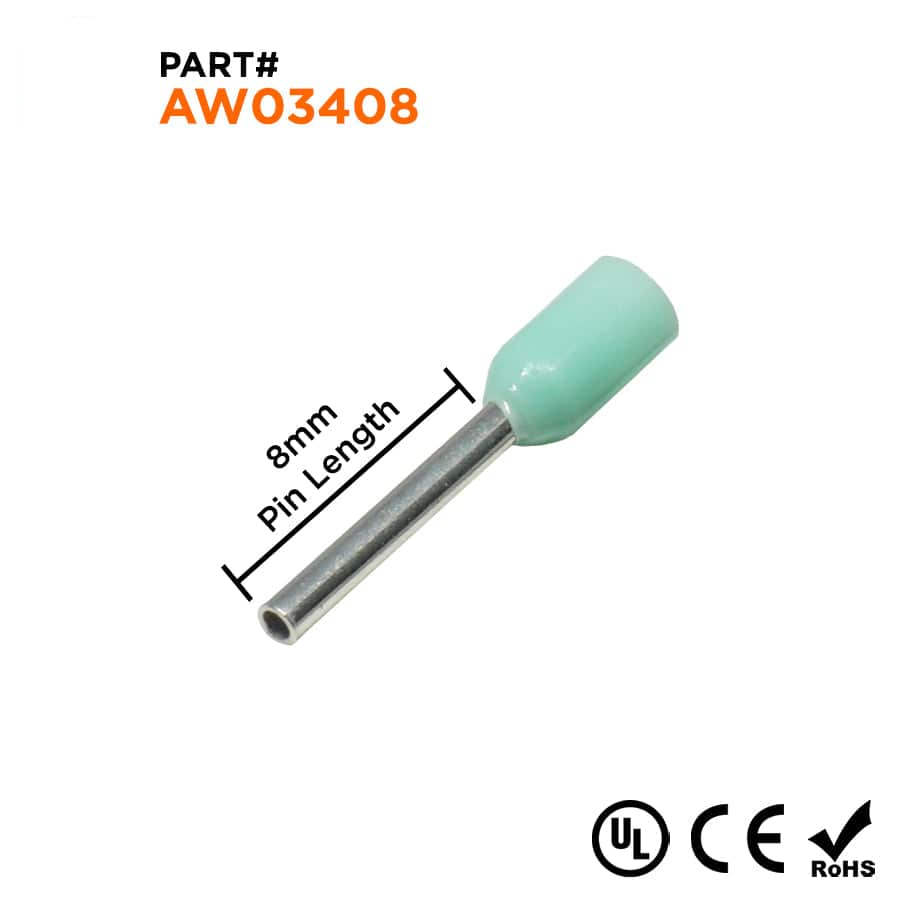 AW03408 - 22 & 24 AWG Insulated Punteras, 8mm Pin, Turquoise, UL Recognized, 500 piezas