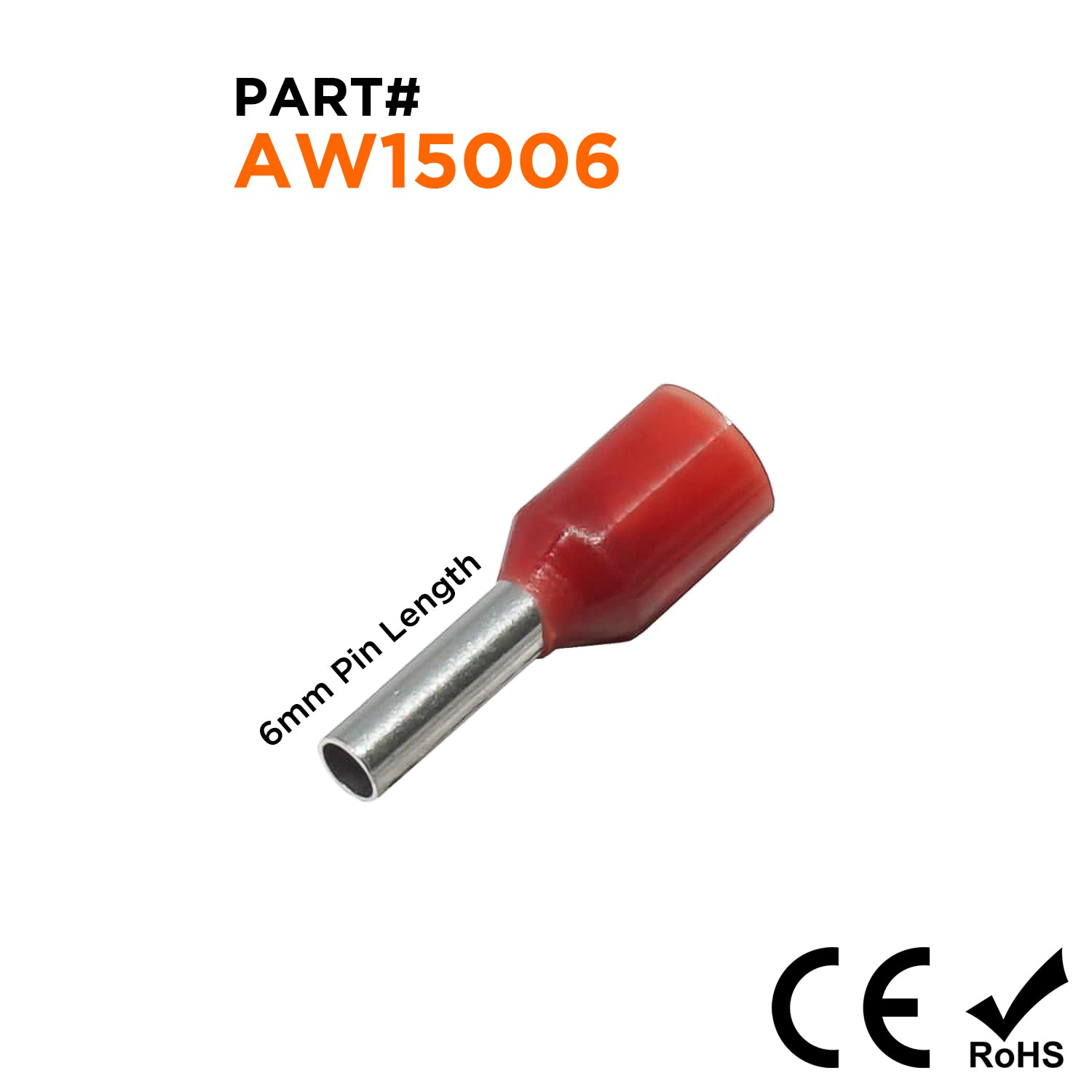 AW15006 - 16 AWG Insulated Punteras, 6mm Pin, Rojo, 500 piezas