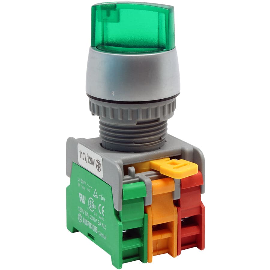 SL22-1O/C-GN - Illuminated Twist Knob Switch - 2 Contact (1O/C) - 2 Positions (1-2) - 110V - Verde