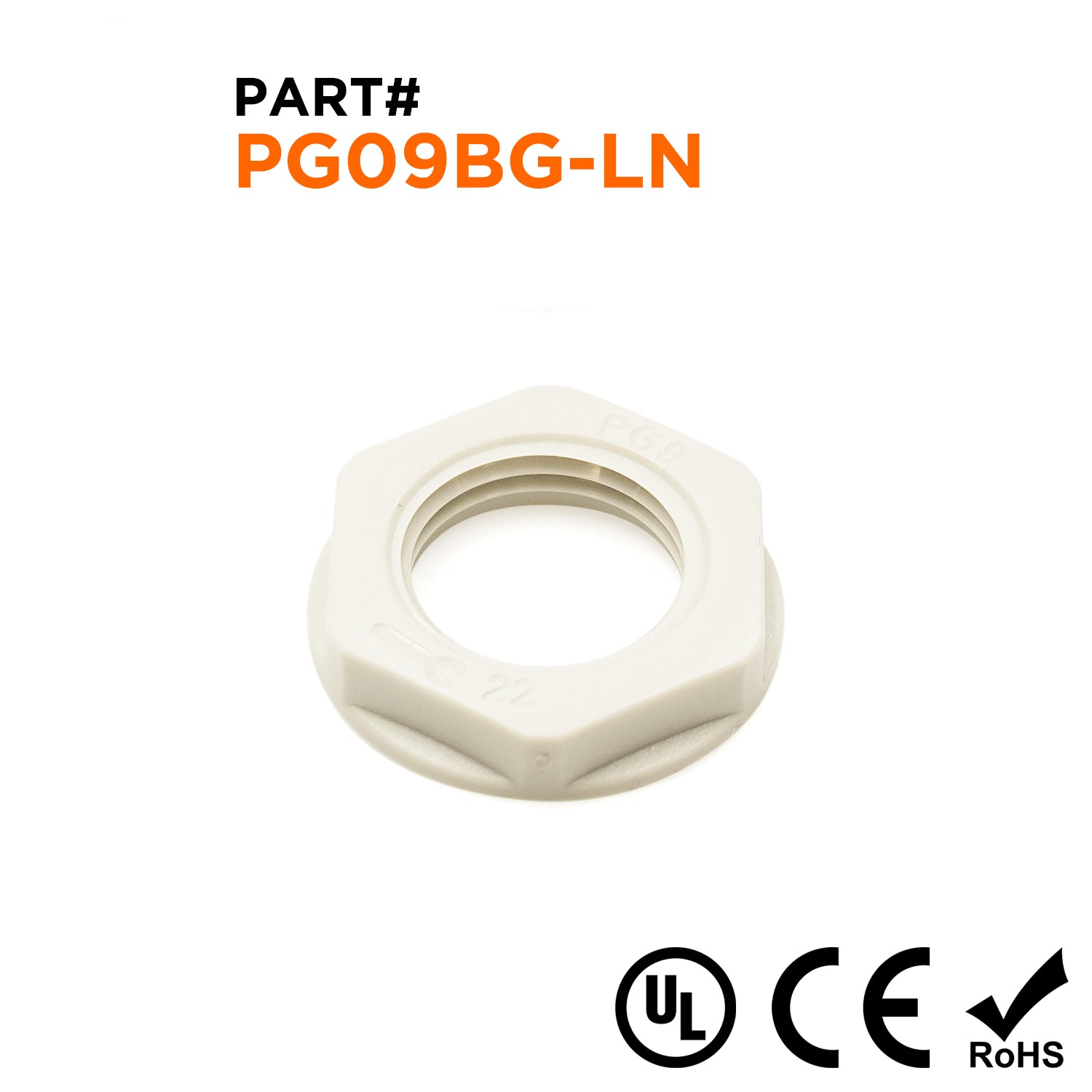 PG9 Rosca De nailon Lock Nut para PG Prensaestopas, Beige, UL Approved, 1 pieza - PG09BG-LN