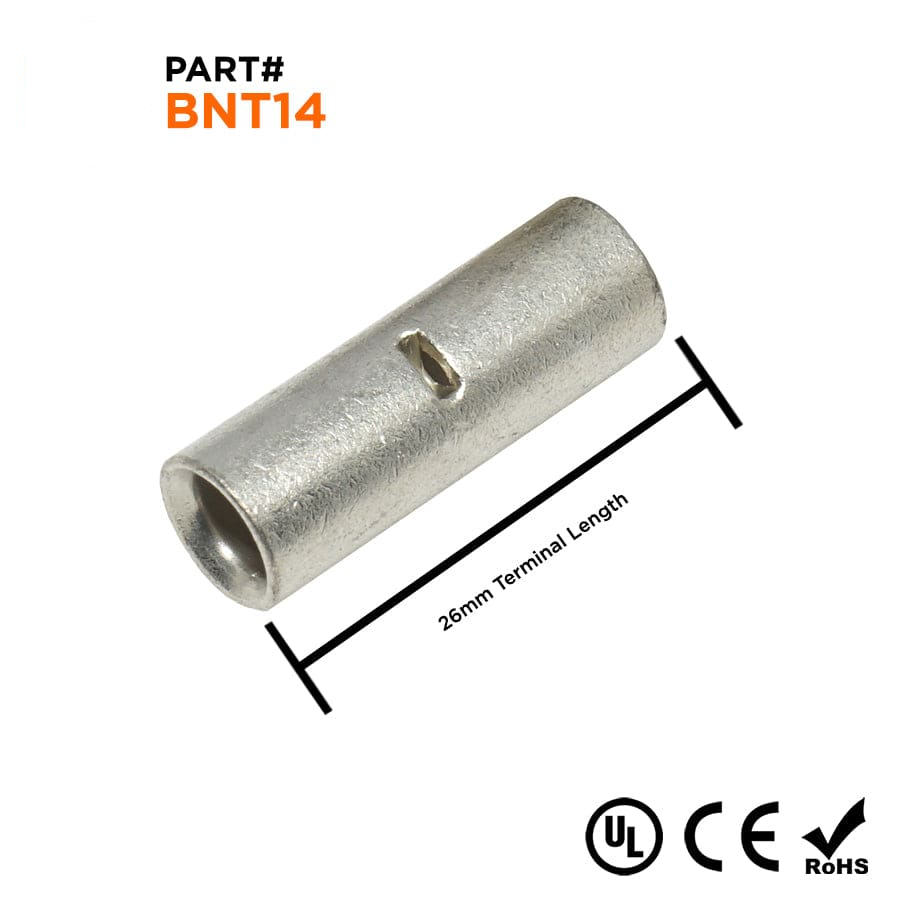 BNT14 - 6 AWG Non Insulated Butt Splice Connectors, 1" Length, UL Approved, 25 Pieces