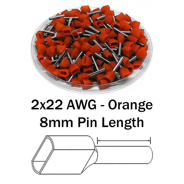 TW05008 - 22 AWG Twin Punteras, 8mm Pin, Naranja, 500 piezas