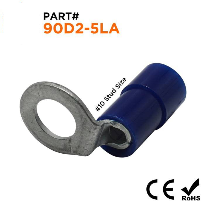 90D2-5LA - 16 to 14 AWG Right Angle Nylon Insulated Ring Terminals, #10 Stud, 100 Pieces