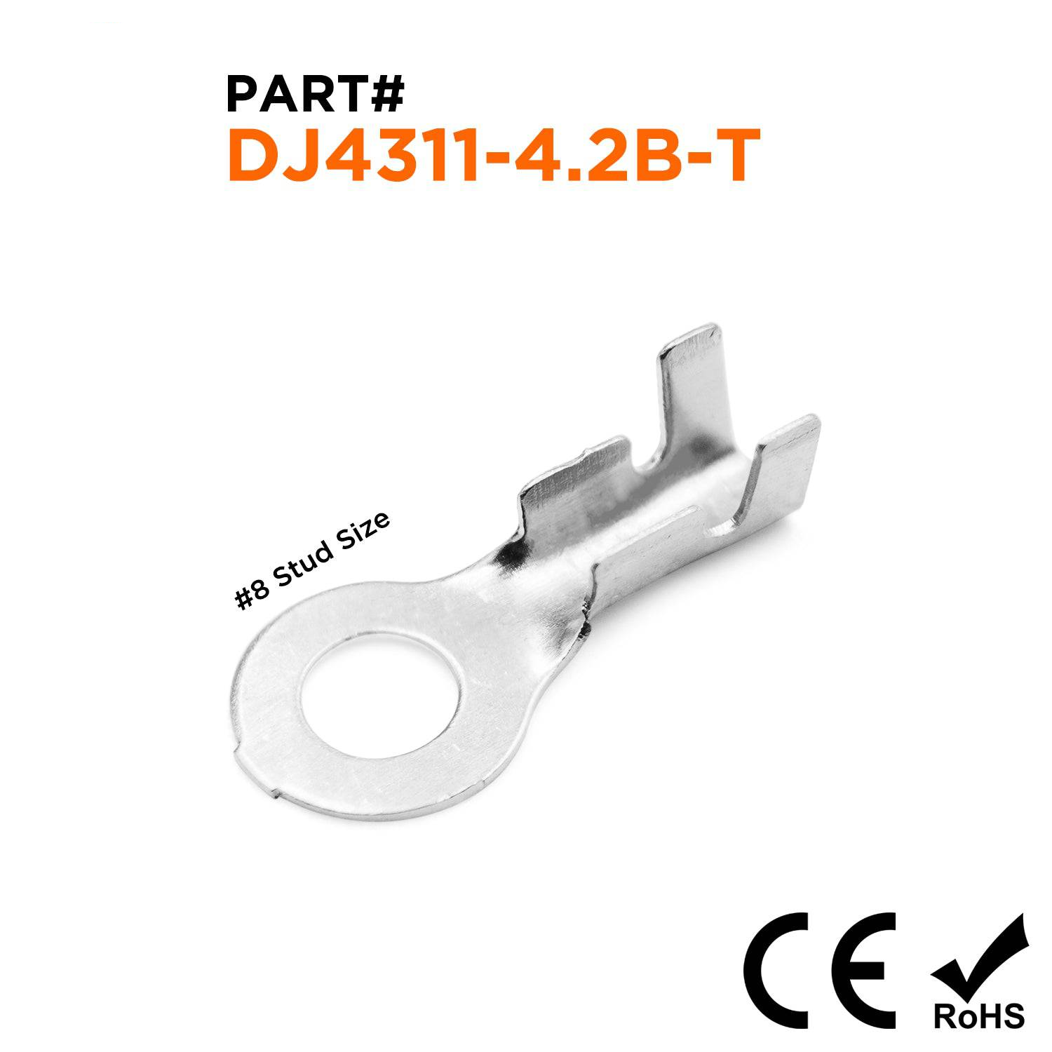 DJ4311-4.2B-T - 18 to 16 AWG Ring Terminals, #8 Stud, Tin Plated Brass, Open Barrel, 100 Pieces
