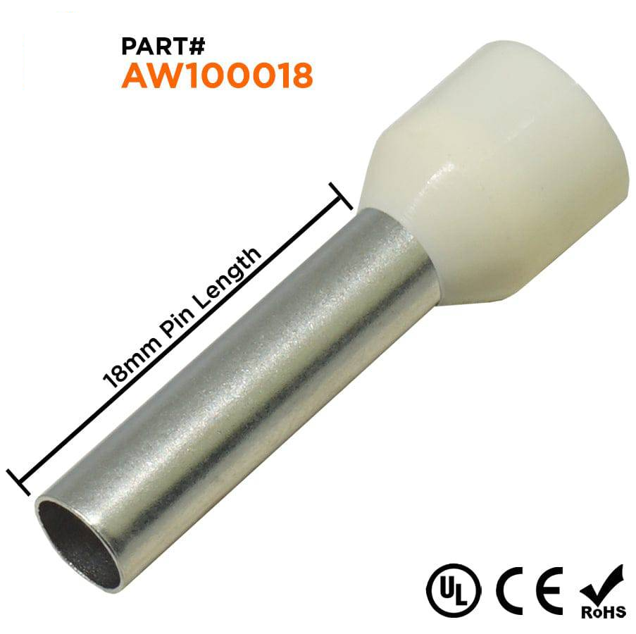AW100018 - 8 AWG Insulated Wire Ferrules, 18mm Pin, Beige, UL Recognized, 100 Pieces