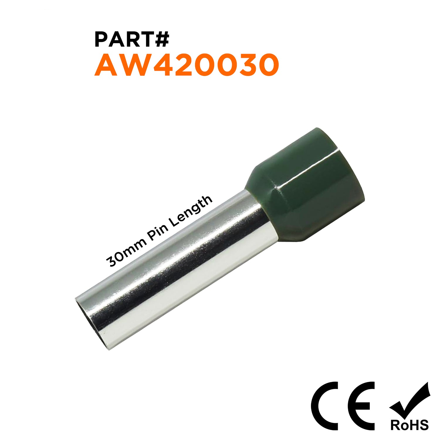 AW420030 - 1 AWG (Small Diameter) Insulated Wire Ferrules, 30mm Pin, Olive Green, 50 Pieces